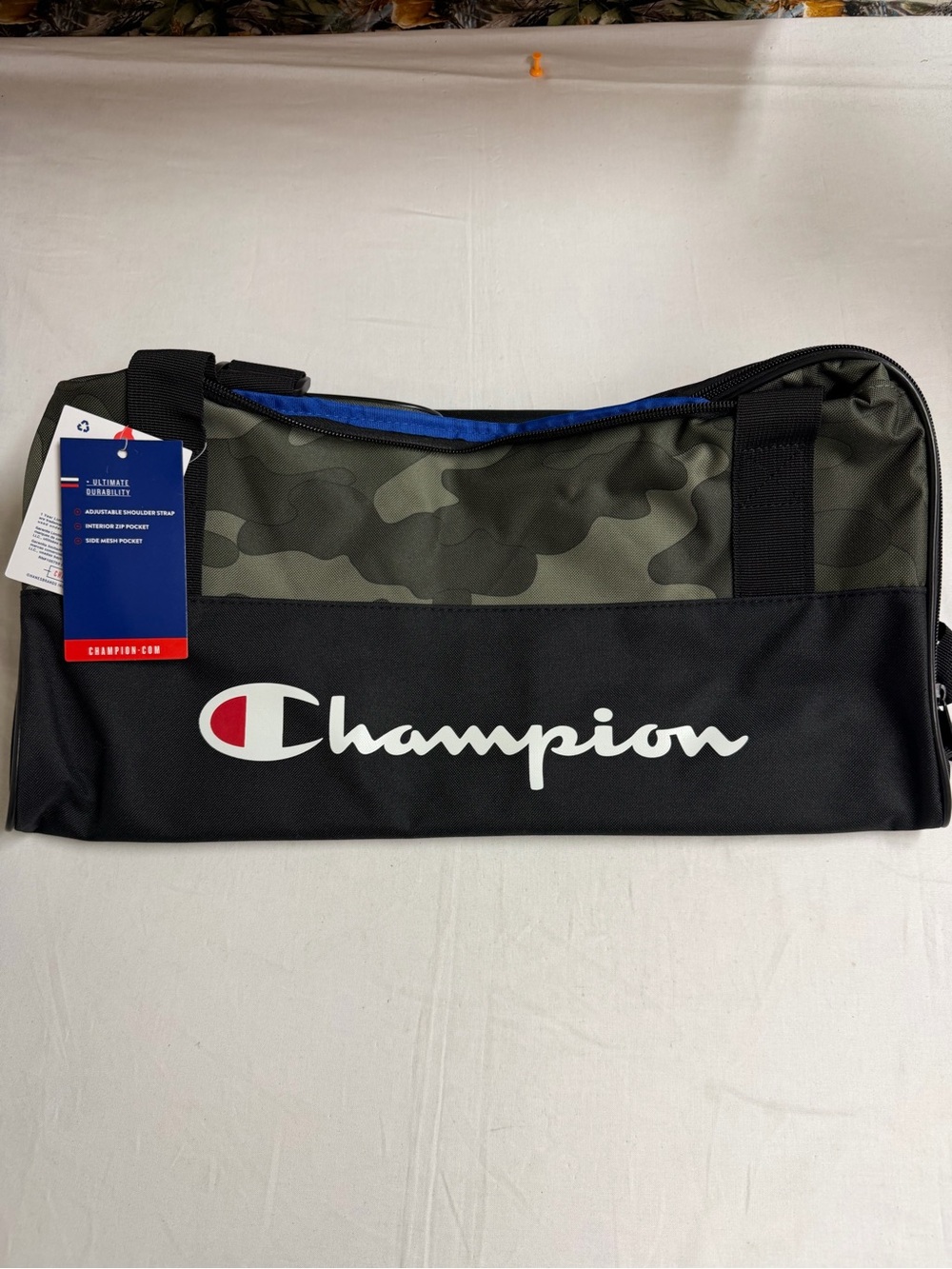 Champion Black & Olive Camo Duffel with Blue Accent